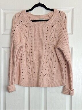 Lucky Brand Light Pink Loose Cable Knit Round Neck Sweater